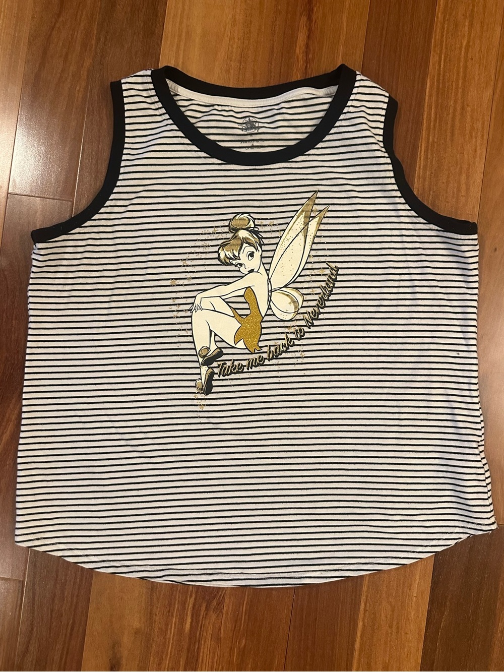 Disney Store Womens XL Tinker Bell Striped Tank Top - Black, White & Gold - GUC